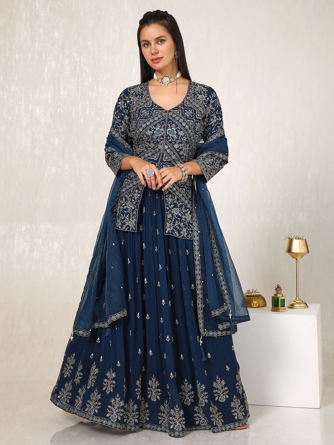 

Soch Embroidered Sequinned Ready to Wear Lehenga & Blouse With Dupatta, Blue