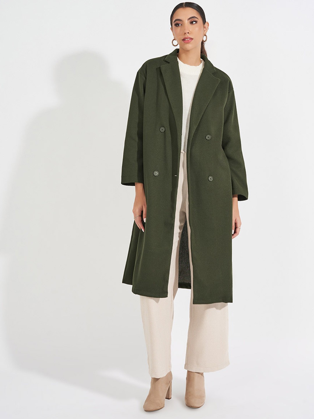 

Styli Women Knee Length Double Breasted Longline Overcoat, Olive