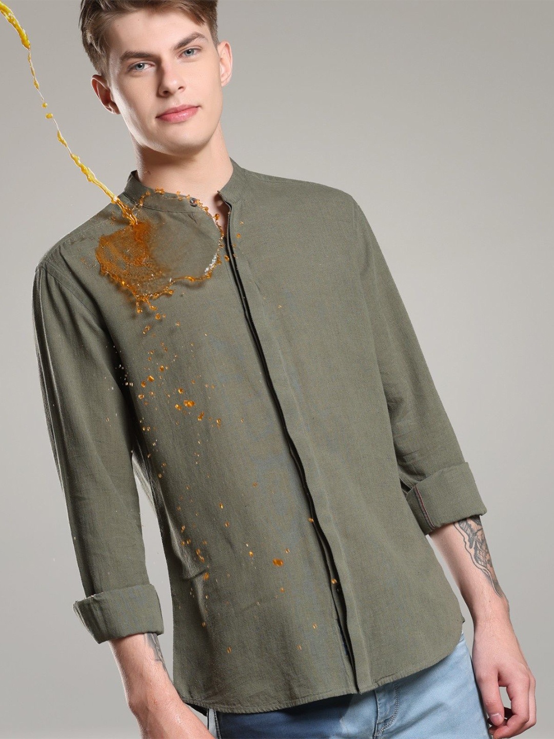 

TURMS Anti Stain Anti Odor Water Repellent Mandarin Collar Cotton Rich Linen Shirt, Green