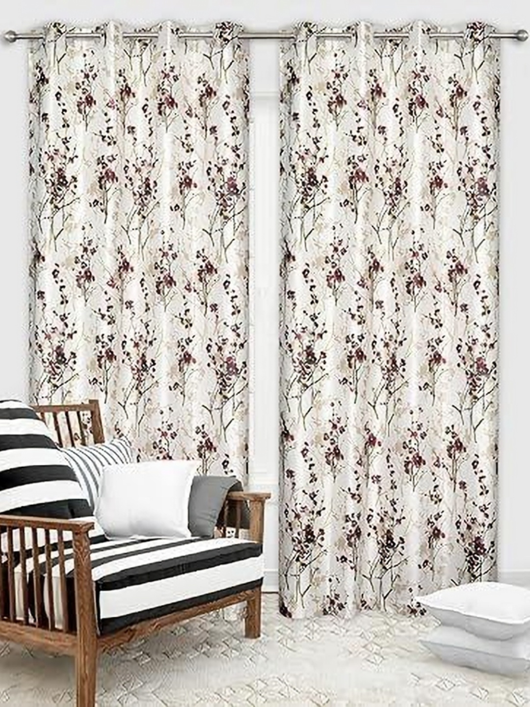 

Banchmark Home Furnishin Set Of 2 White & Maroon Printed Light Filtering Curtains