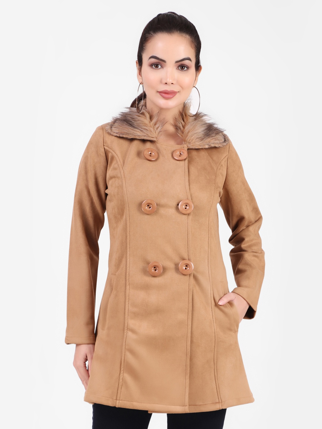 

FNOCKS Women Solid Double-Breasted Overcoat, Brown