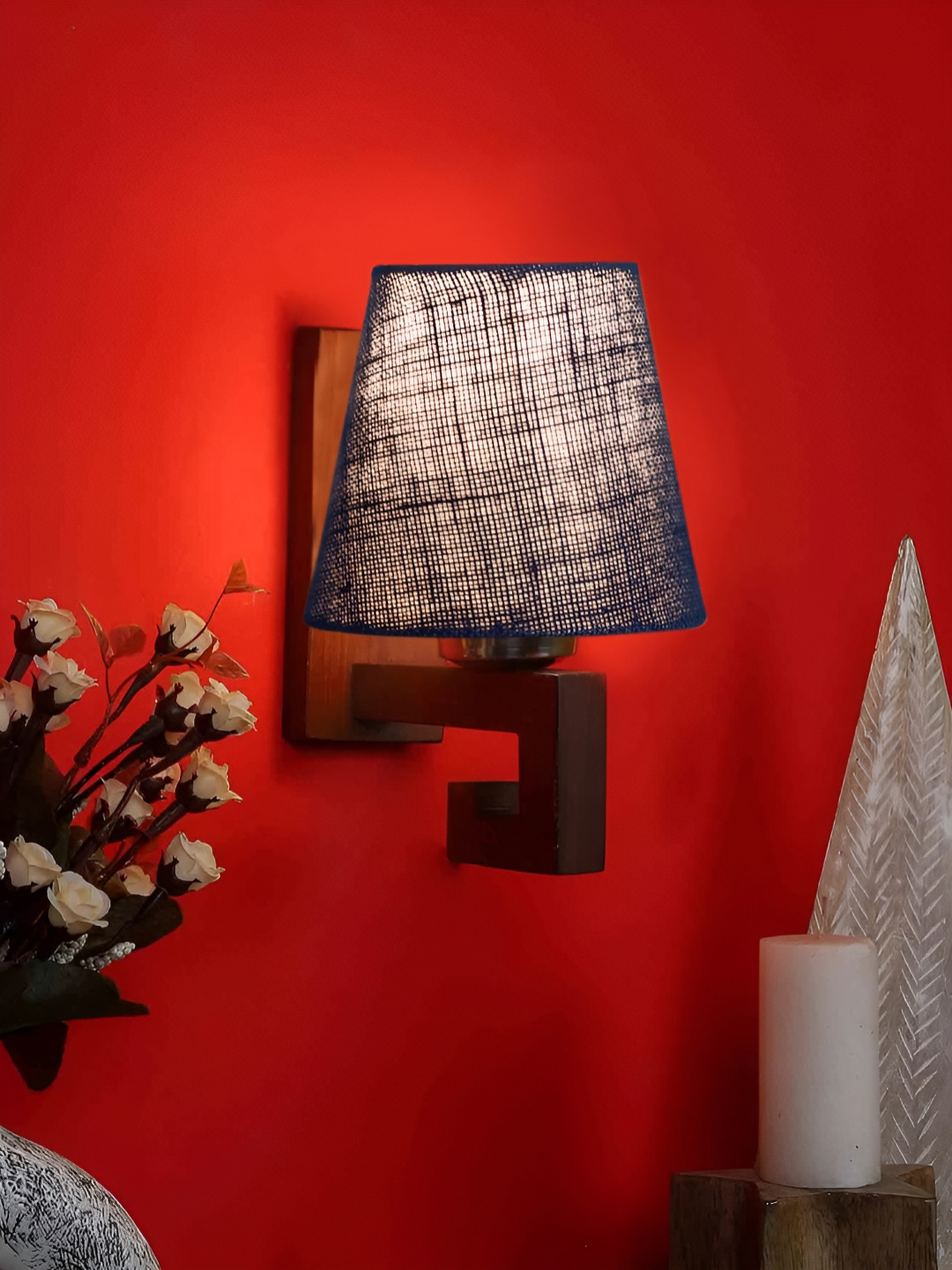 

Devansh Blue & Brown Wood Traditional Frustum Shaped Wall Lamp