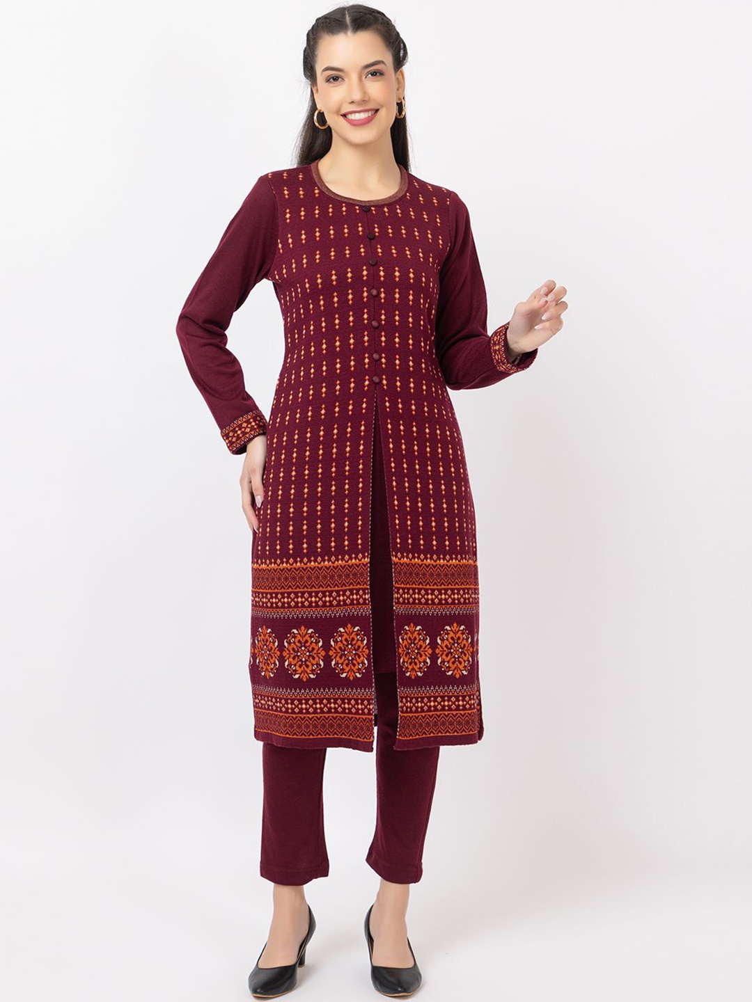 

KEIKO Ethnic Motifs Woven Design Round Neck Acrylic Straight Kurta with Trousers, Maroon