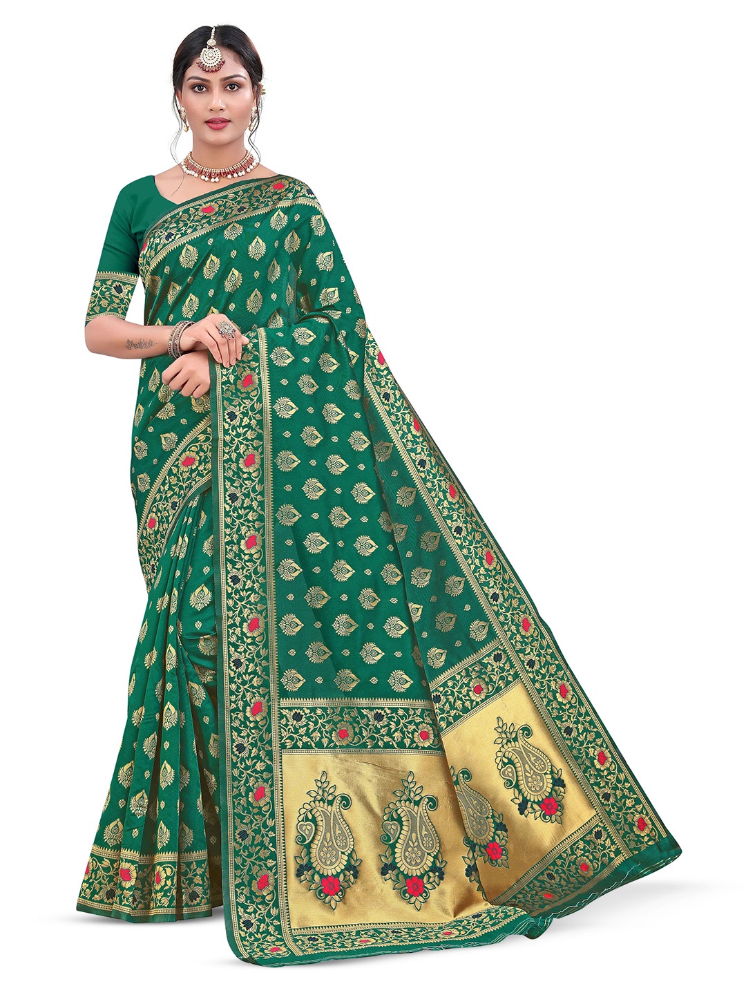 

Maroosh Floral Zari Silk Blend Banarasi Saree, Green