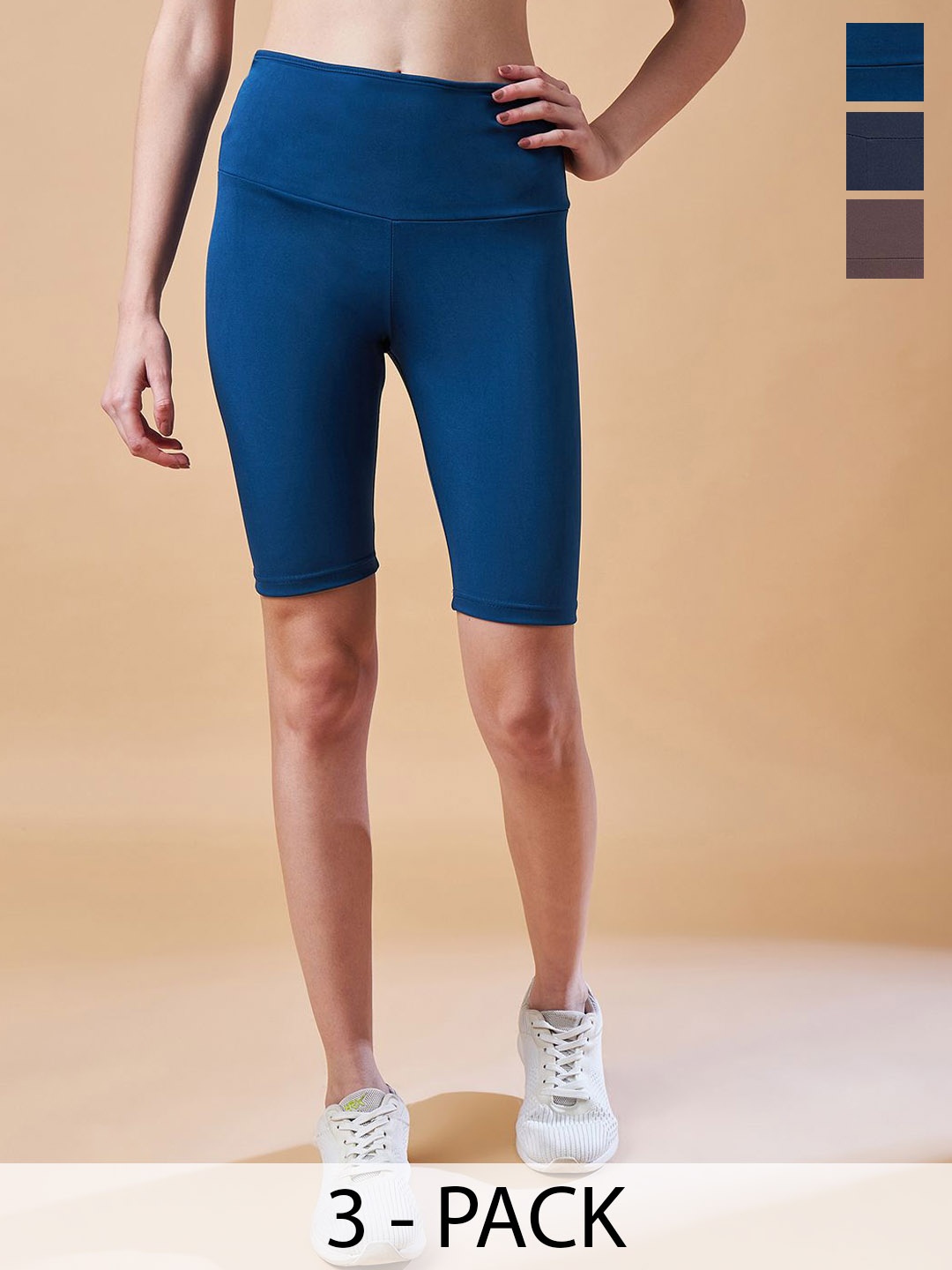

COLOR CAPITAL Pack Of 3 Women Slim-Fit Above Knee-Length Cycling Tights, Blue