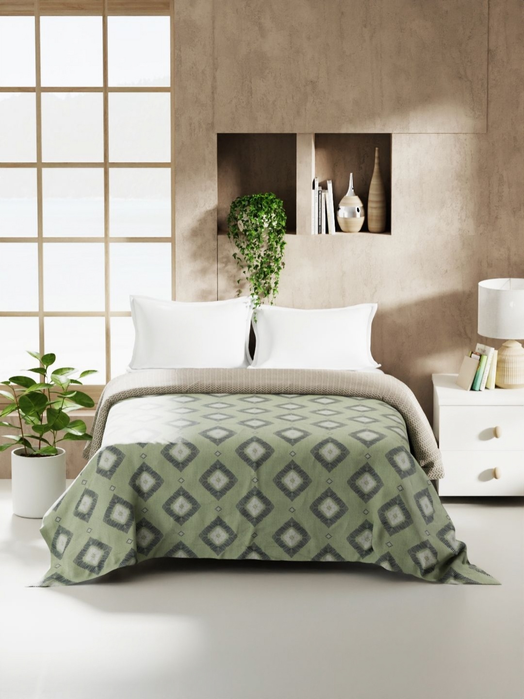 

KOPA Monarca Grey & Green Geometric Printed AC Room 120 GSM Double Bed Comforter