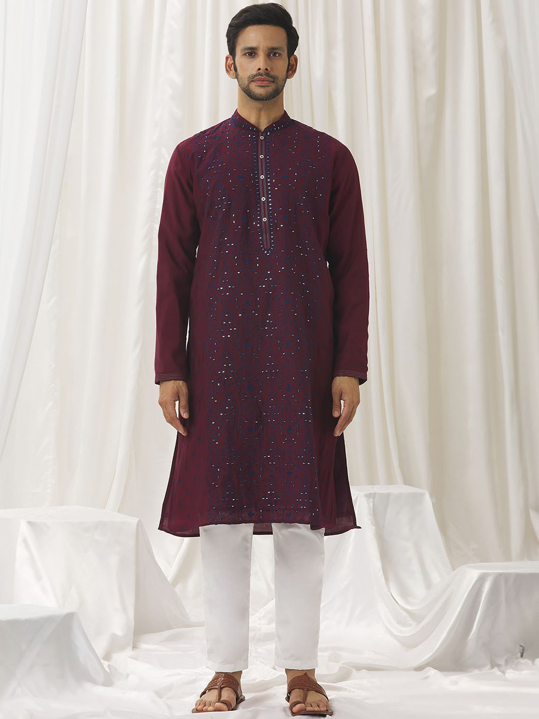 

Alaya Advani Floral Embroidered Mirror Work Silk Cotton Straight Kurta with Trousers, Maroon