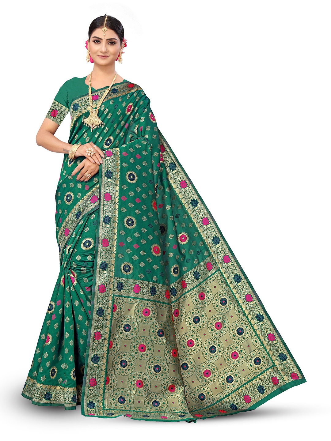

Maroosh Floral Zari Silk Banarasi Saree, Green