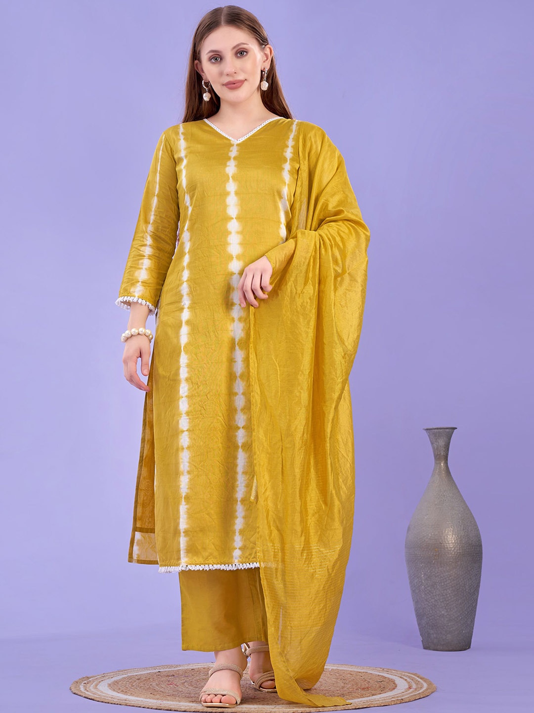 

HERE&NOW Tie & Dye V-Neck Straight Kurta With Trouser & Dupatta, Yellow