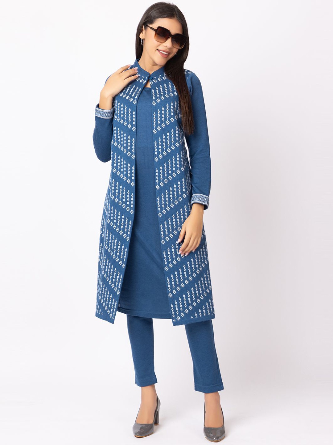 

KEIKO Ethnic Motifs Printed Mandarin Collar Acrylic A-Line Kurta with Trousers & Jacket, Blue