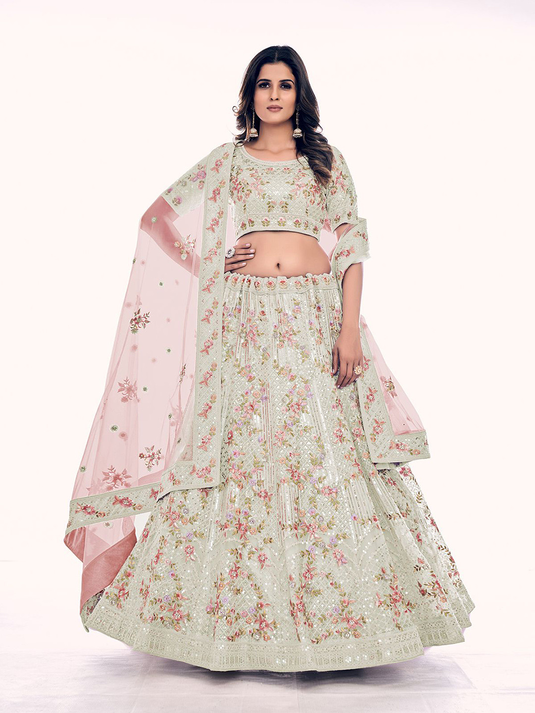 

ODETTE Embroidered Semi-Stitched Lehenga & Blouse With Dupatta, Cream