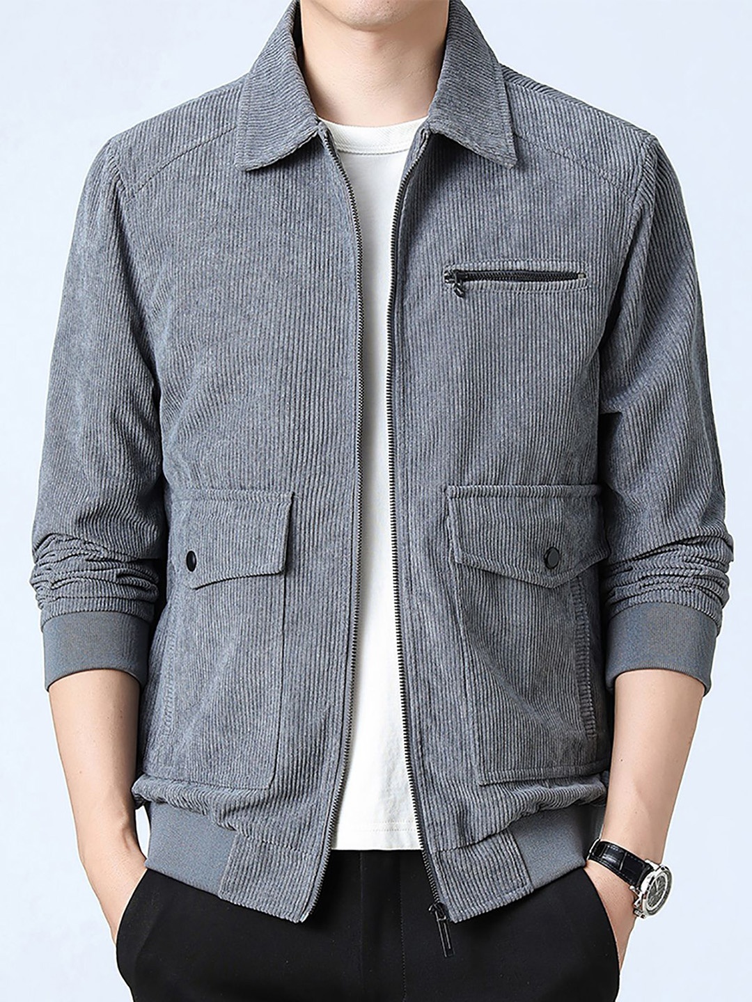 

StyleCast x Revolte Men Spread Collar Self Design Casual Windcheater Jacket, Grey
