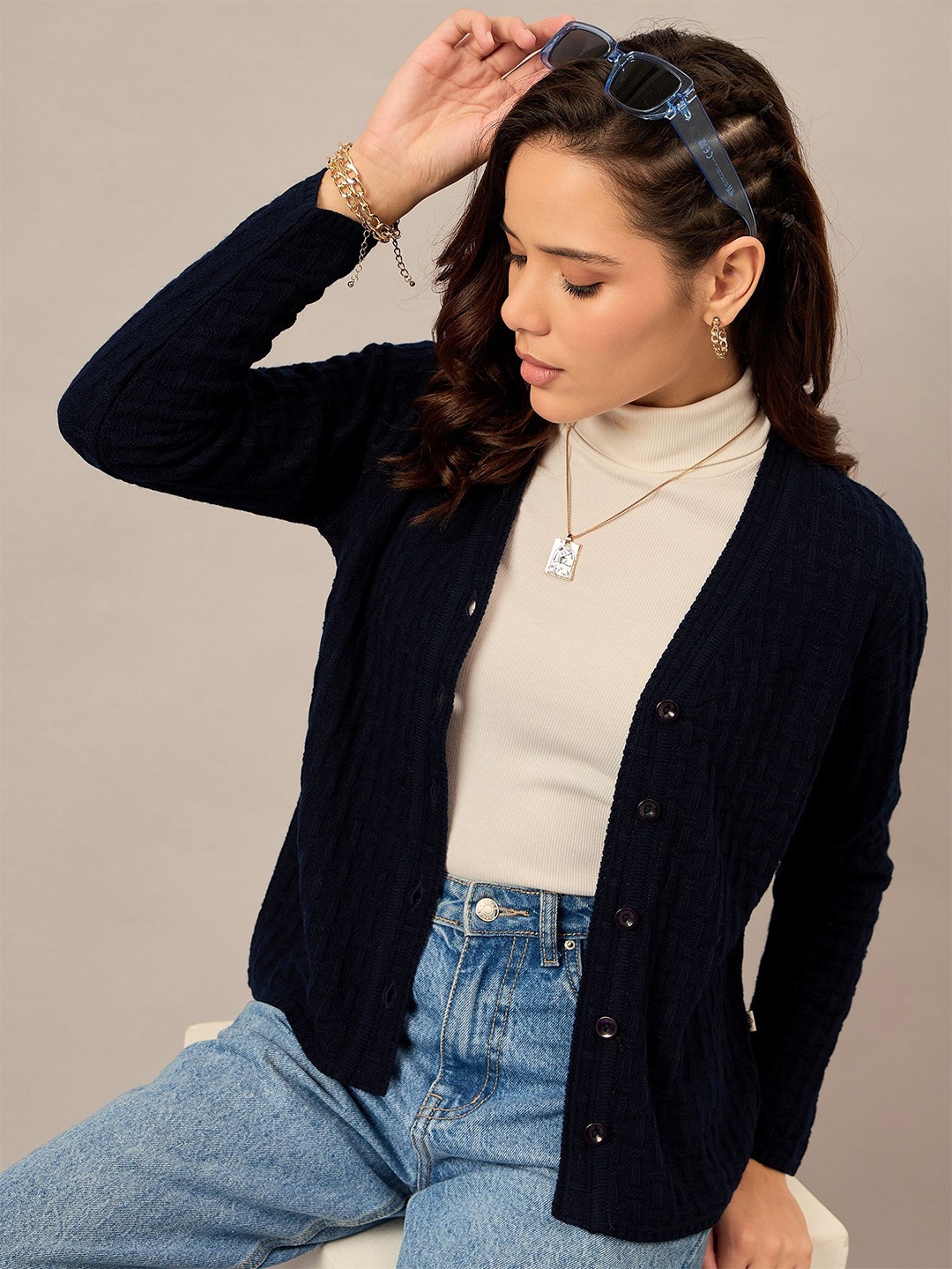 

The Roadster Lifestyle Co. Women Cable Knit V-Neck Cardigan Sweater, Navy blue