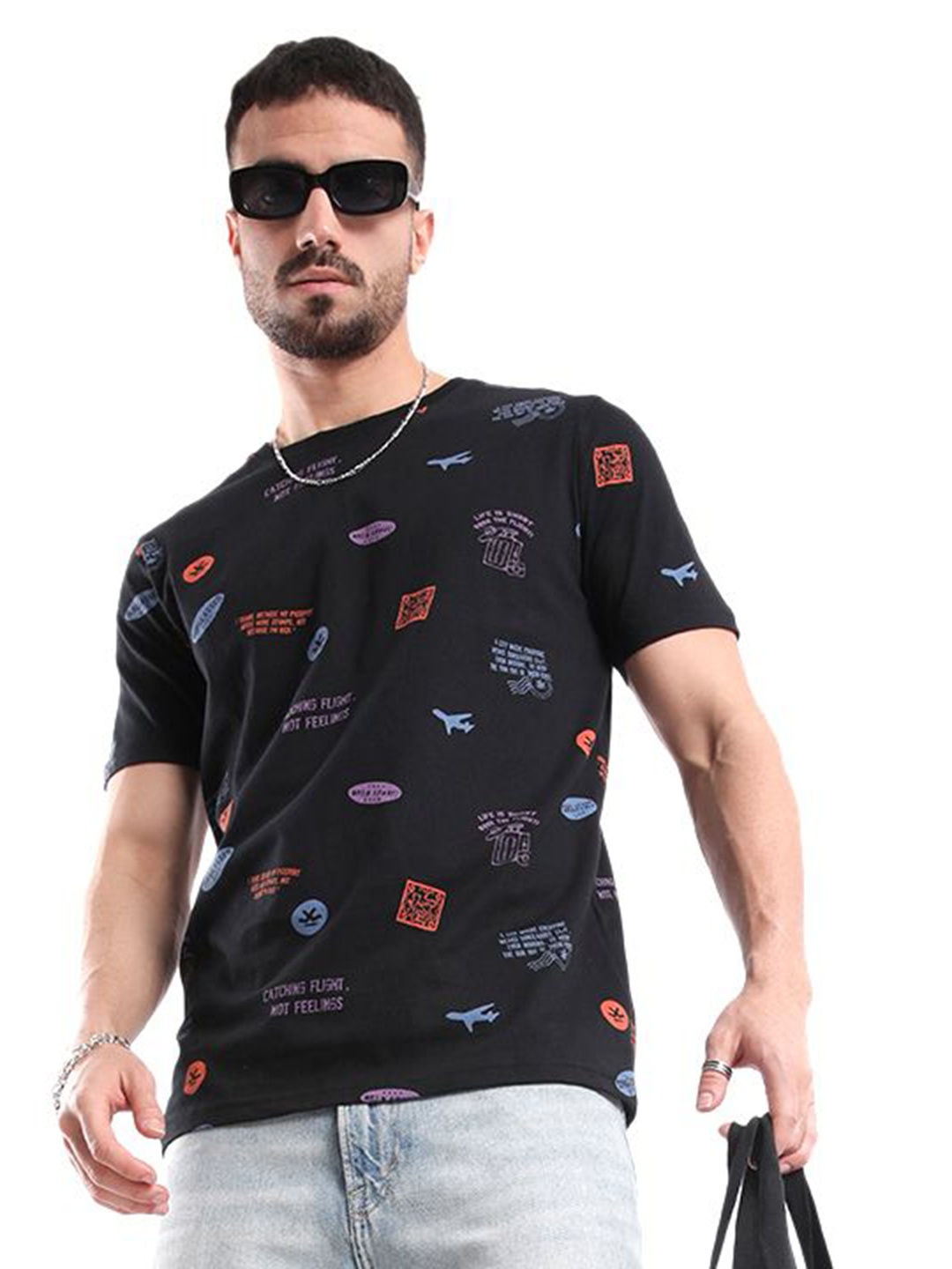 

WROGN Men Conversational Printed Round Neck Pure Cotton T-shirt, Black