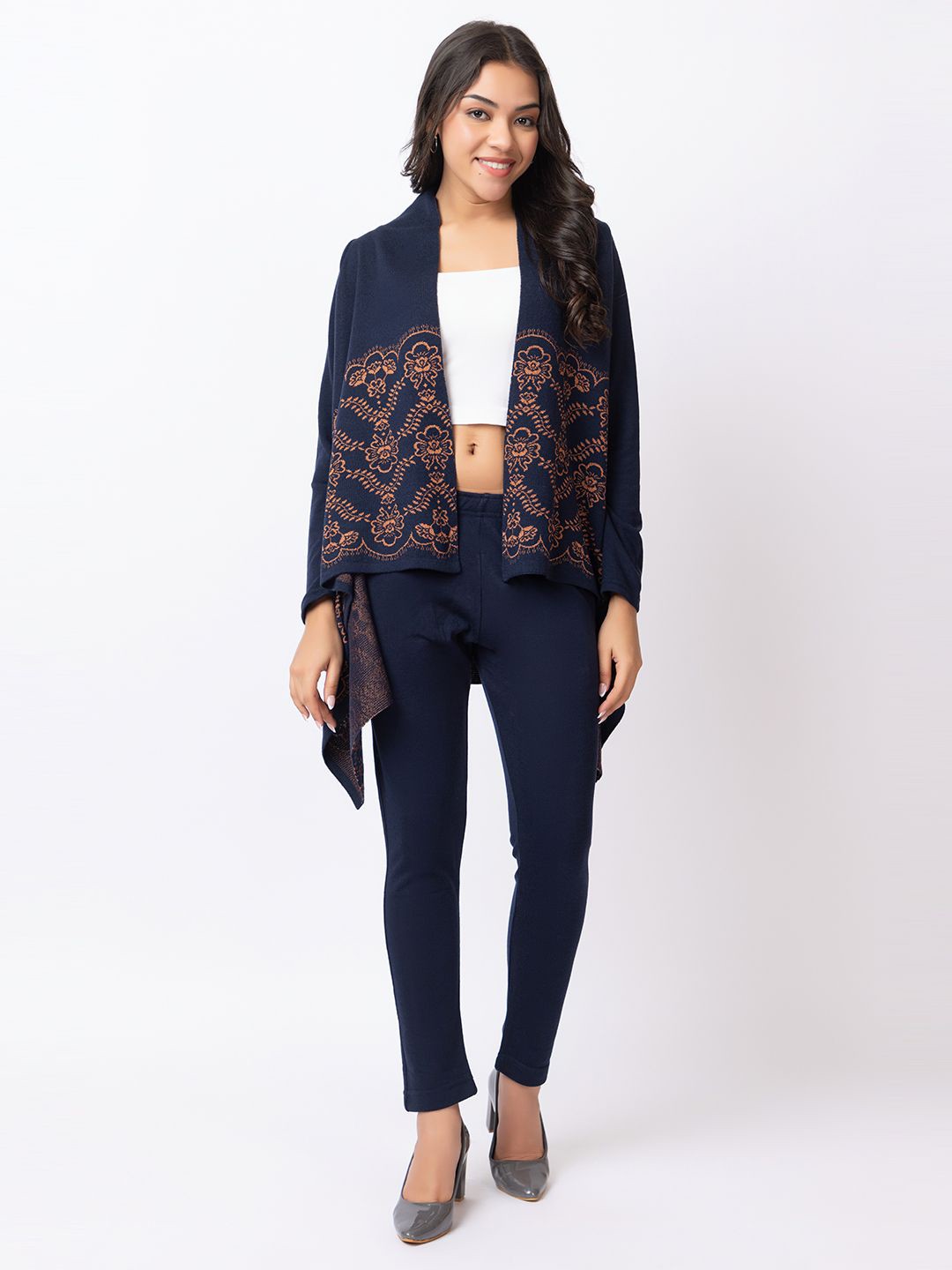 

KEIKO Women Self Design Shrug, Navy blue