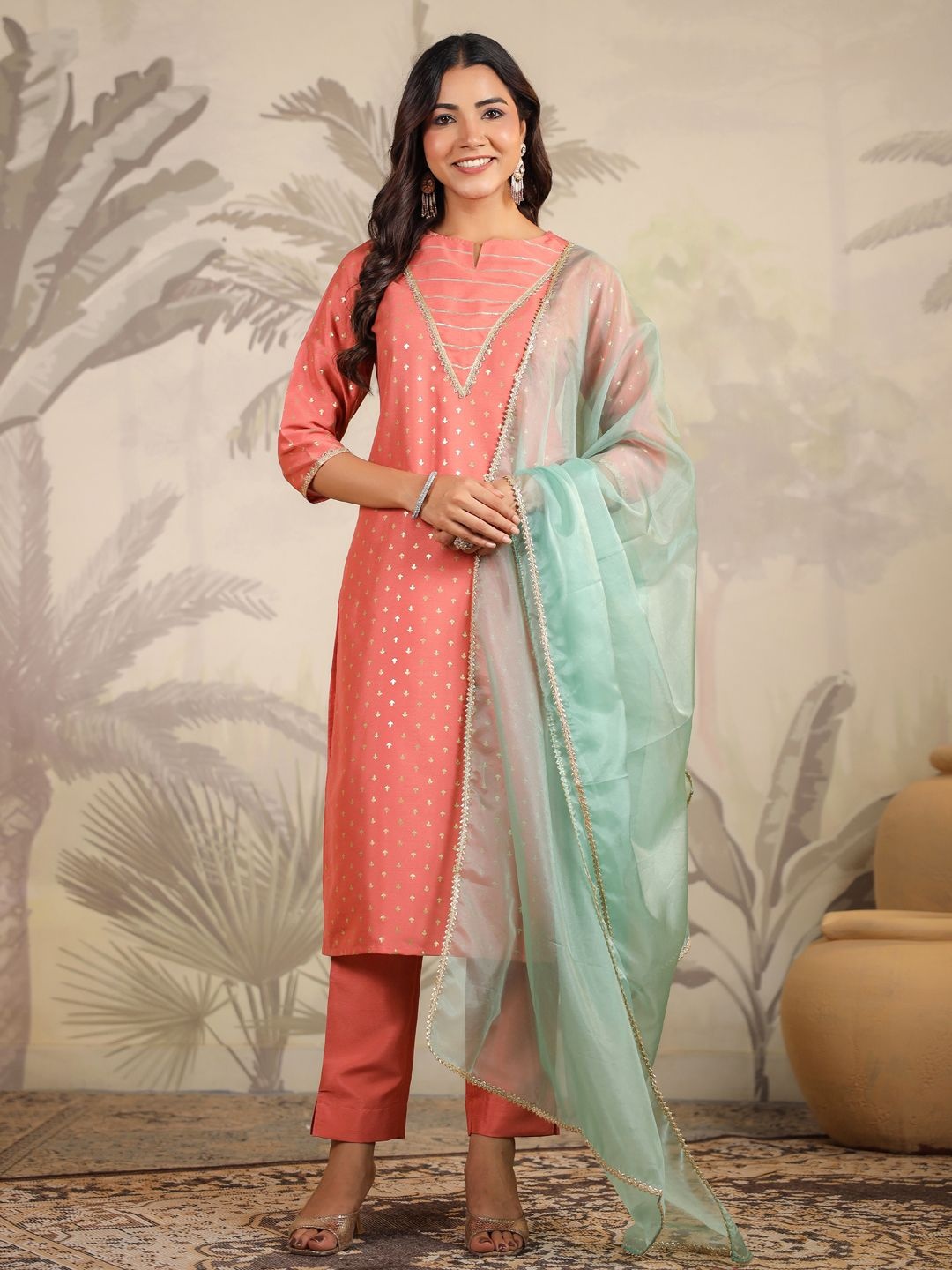 

Janasya Ethnic Motifs Printed Gotta Patti Straight Kurta With Trousers & Dupatta, Peach