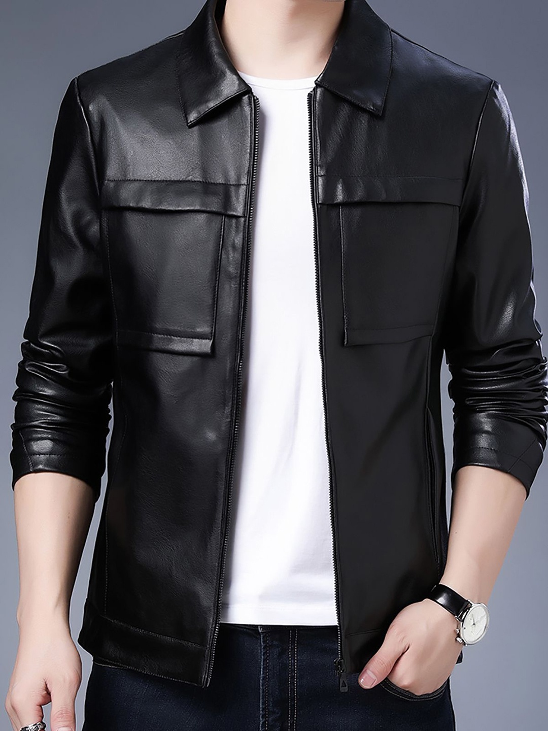 

StyleCast x Revolte Men Spread Collar Solid PU Casual Windcheater Jacket, Black