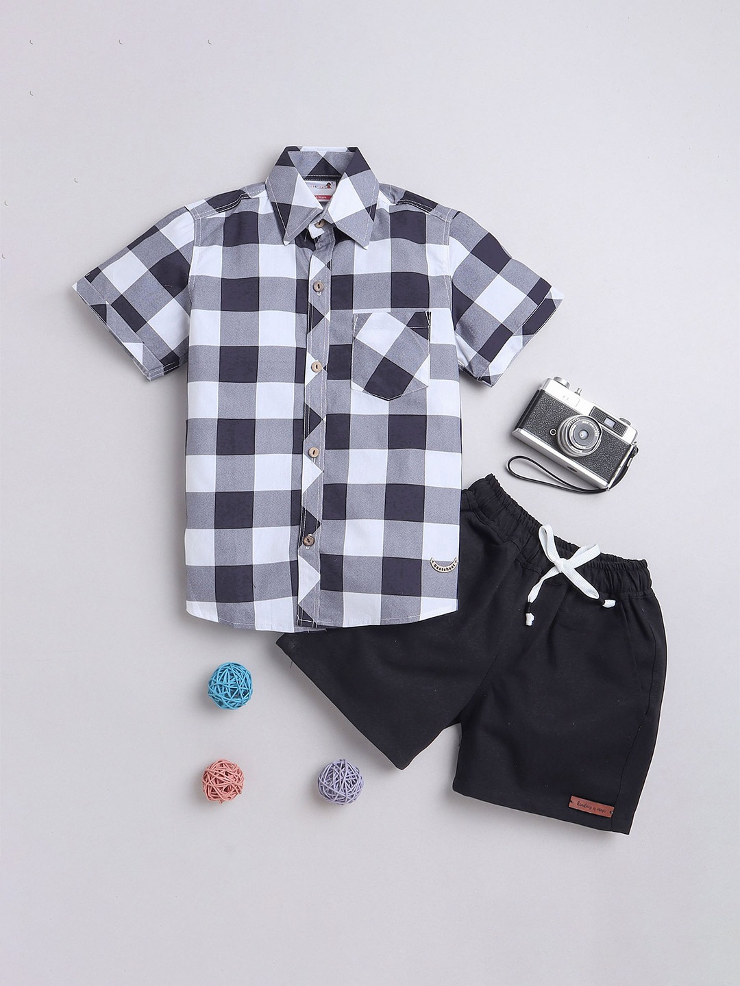 

BAATCHEET Boys Pure Cotton Checked Shirt with Shorts, Navy blue