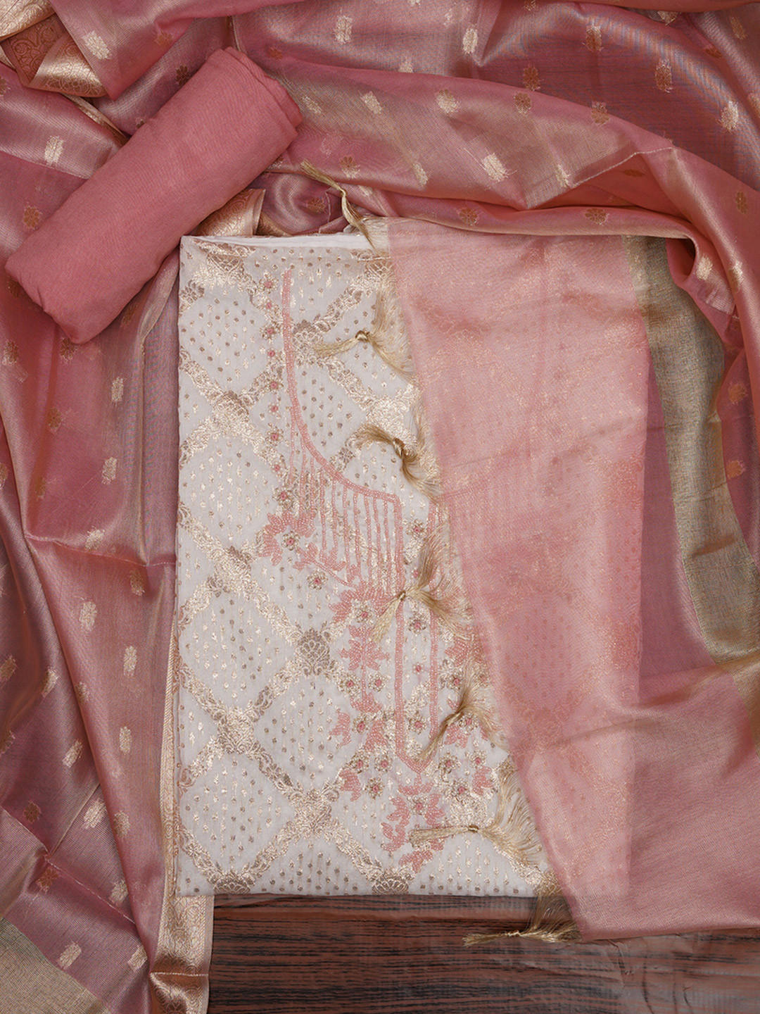 

Jaipur Kurti Zari Woven Cotton Blend Dress Material with Dupatta, White