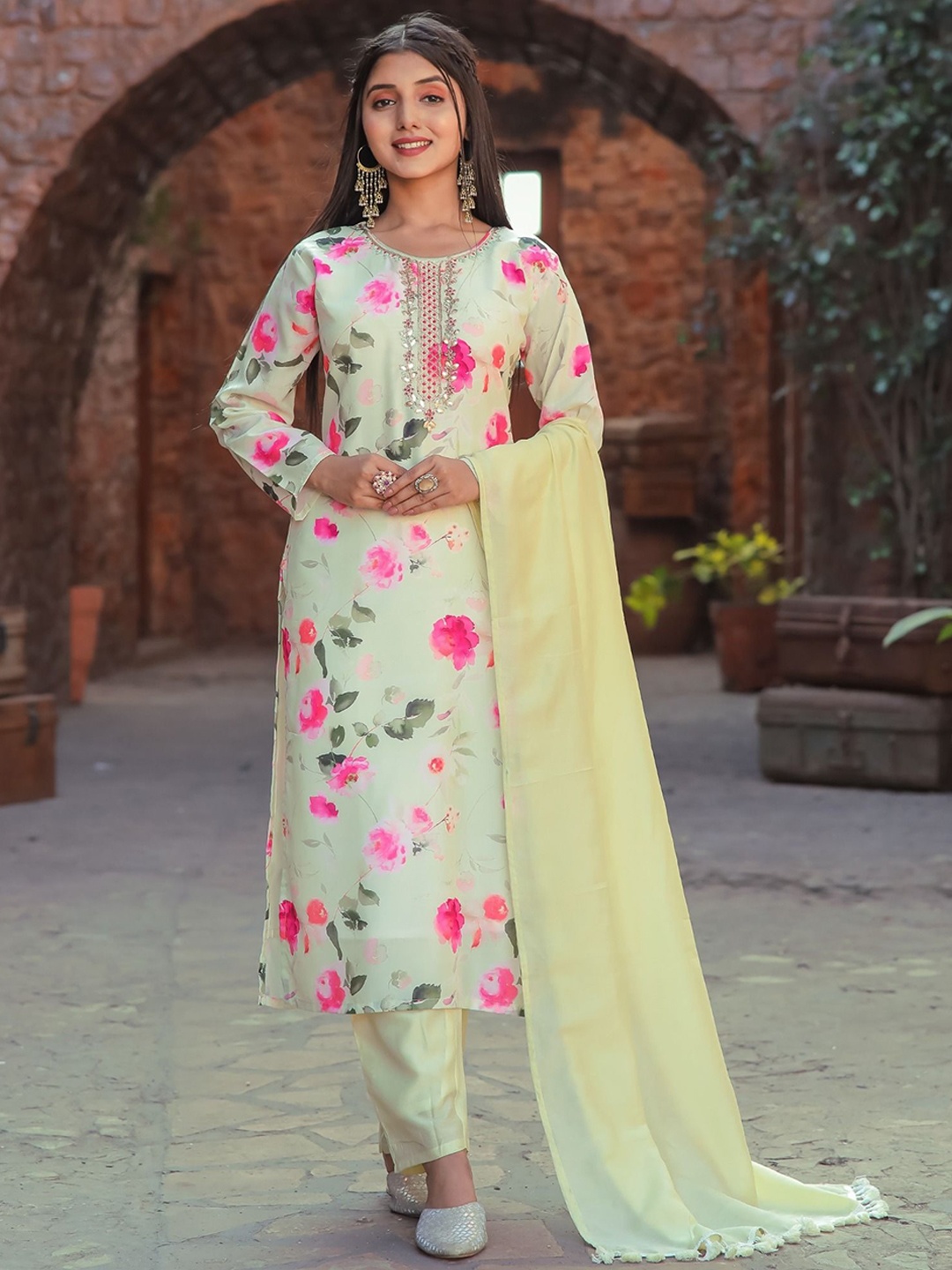 

KALINI Floral Embroidered Gotta Patti Kurta with Trouser & Dupatta, Yellow