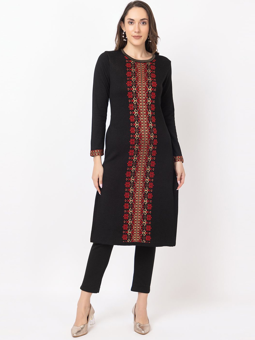 

KEIKO Women Ethnic Motifs Thread Work Jacquard Kurta, Black