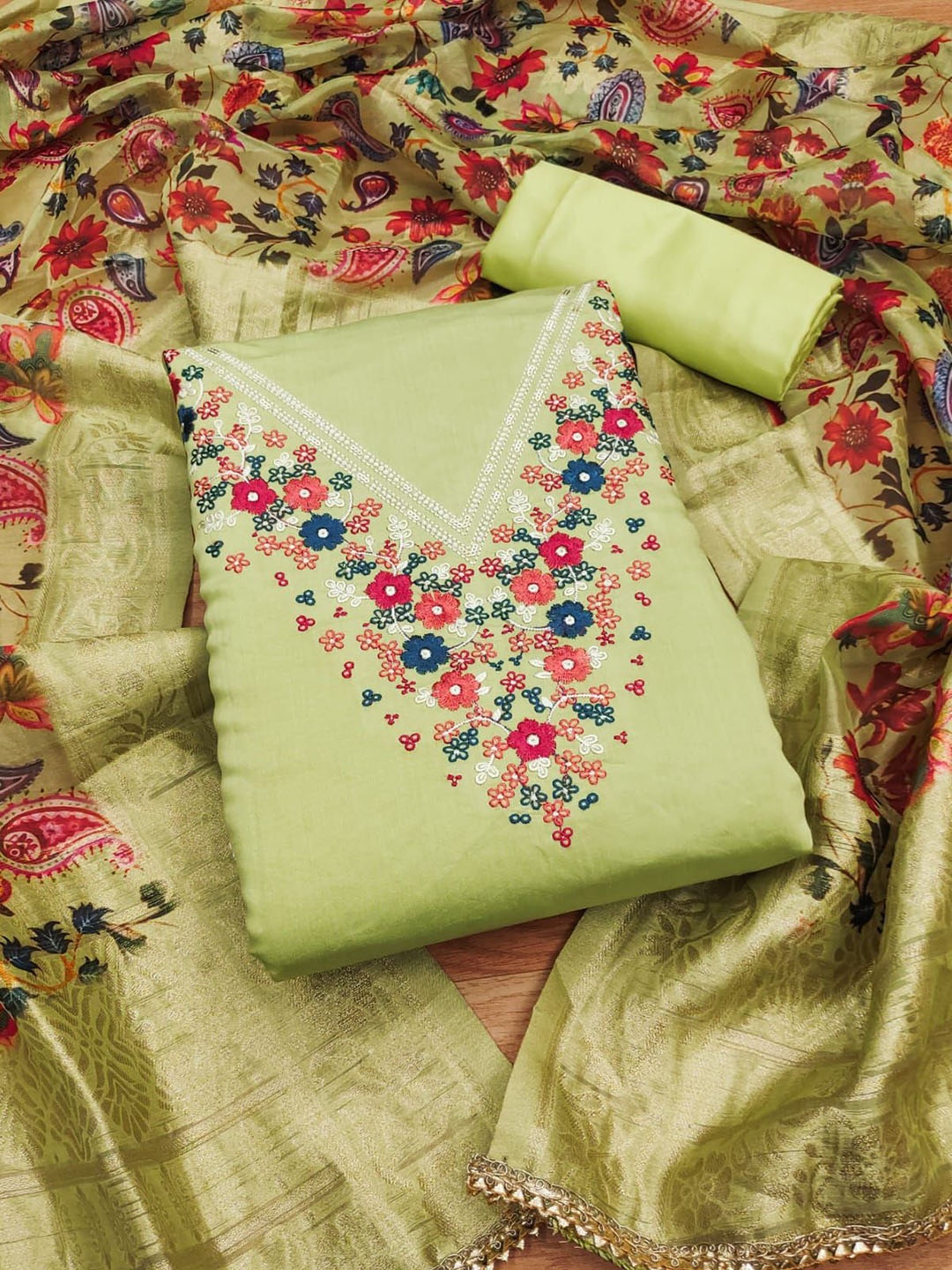 

LeeliPeeri Designer Embroidered Unstitched Dress Material, Green