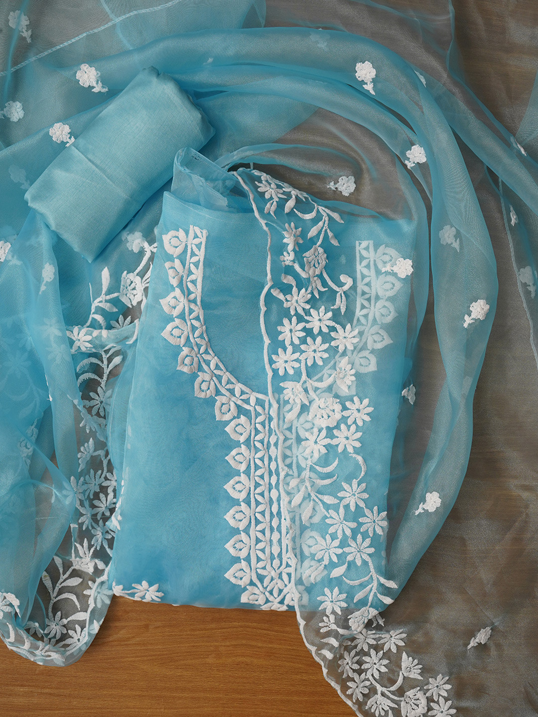 

Jaipur Kurti Women Floral Embroidered Organza Dress with Dupatta, Blue