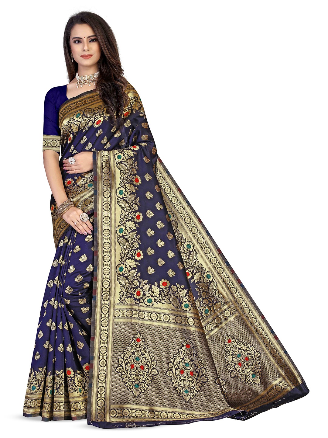 

Maroosh Floral Zari Silk Blend Banarasi Saree with unstitched blouse piece, Blue