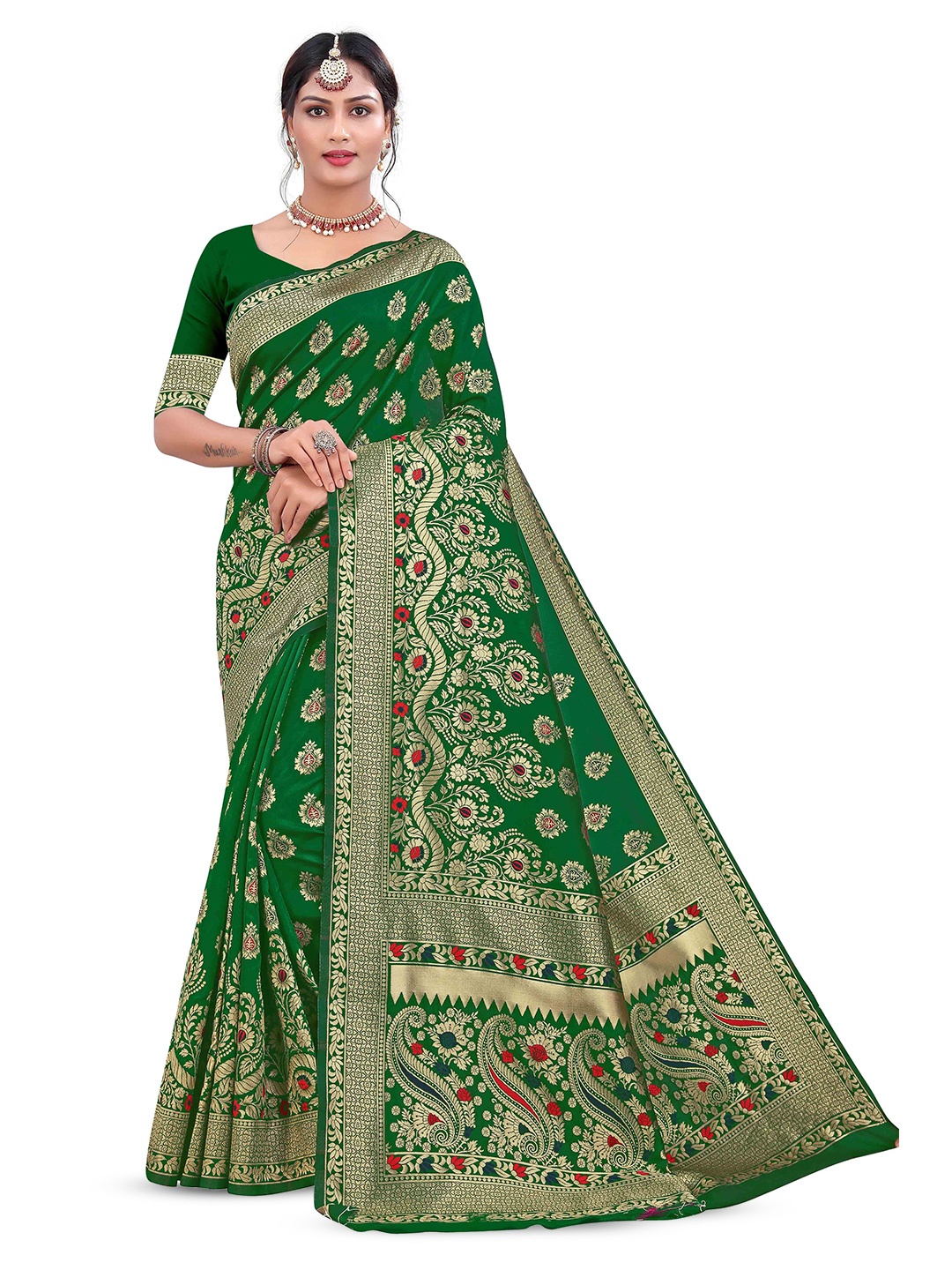 

Maroosh Floral Zari Silk Banarasi Saree, Green