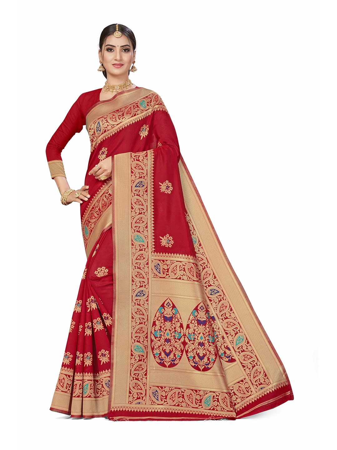 

Maroosh Floral Zari Silk Blend Banarasi Saree, Red