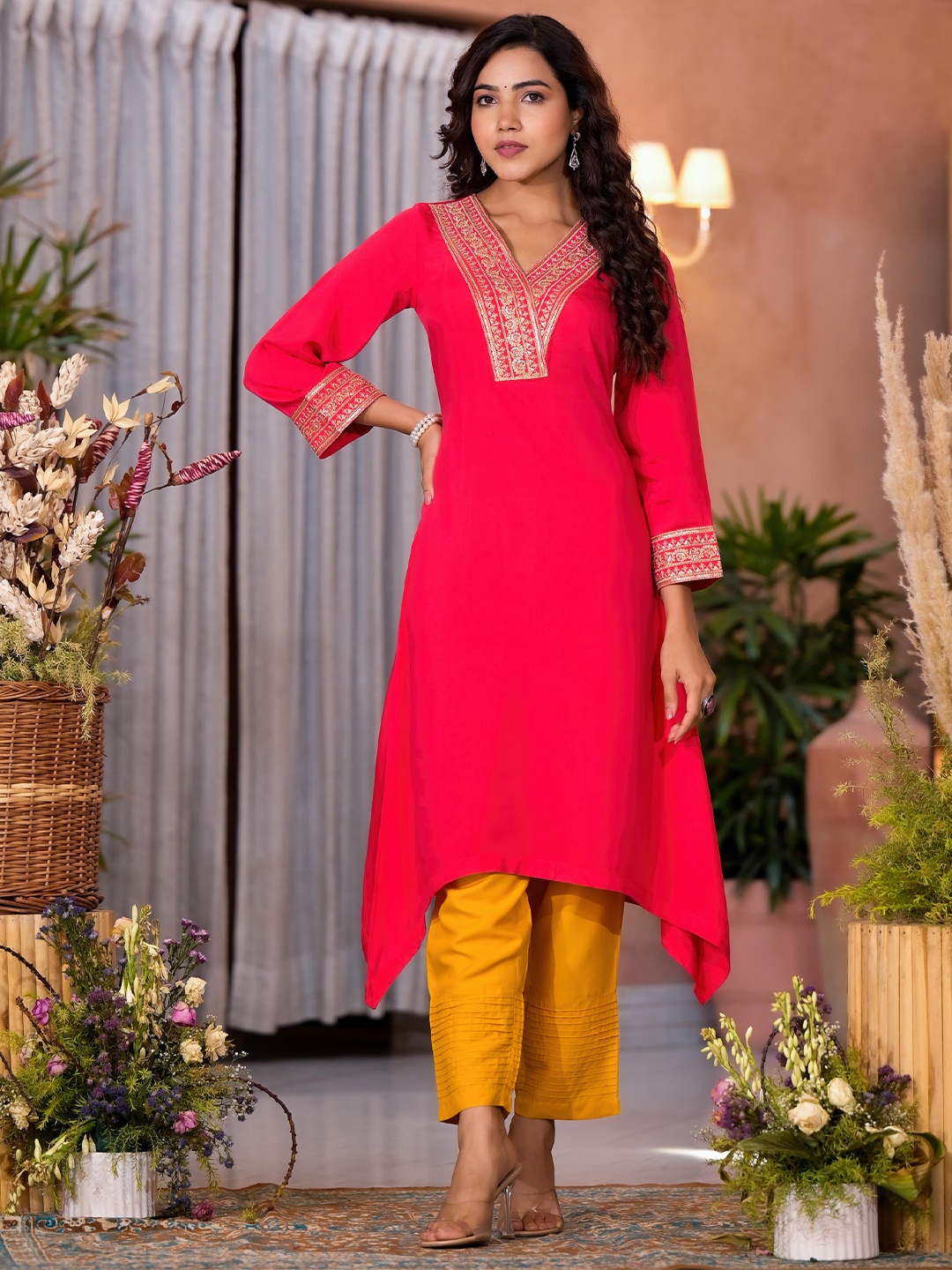 

Juniper Floral Embroidered Panelled Regular A-Line Kurta with Trousers, Fuchsia