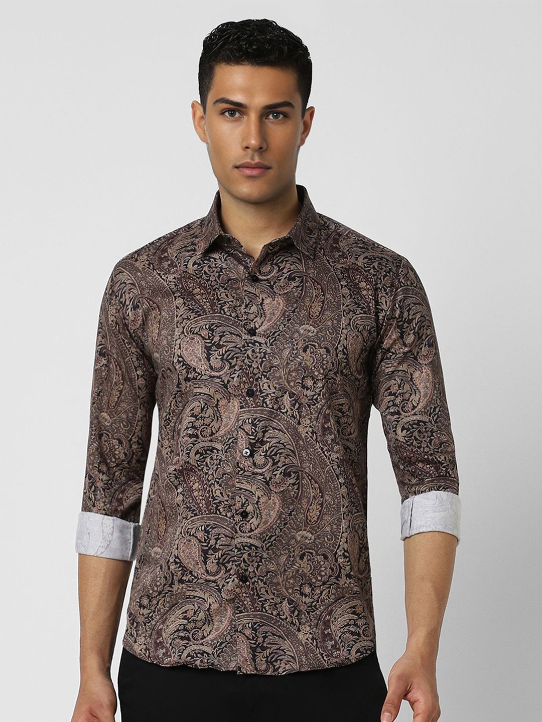 

V Dot Men Spread Collar Floral Printed Cotton Slim Fit Casual Shirt, Brown