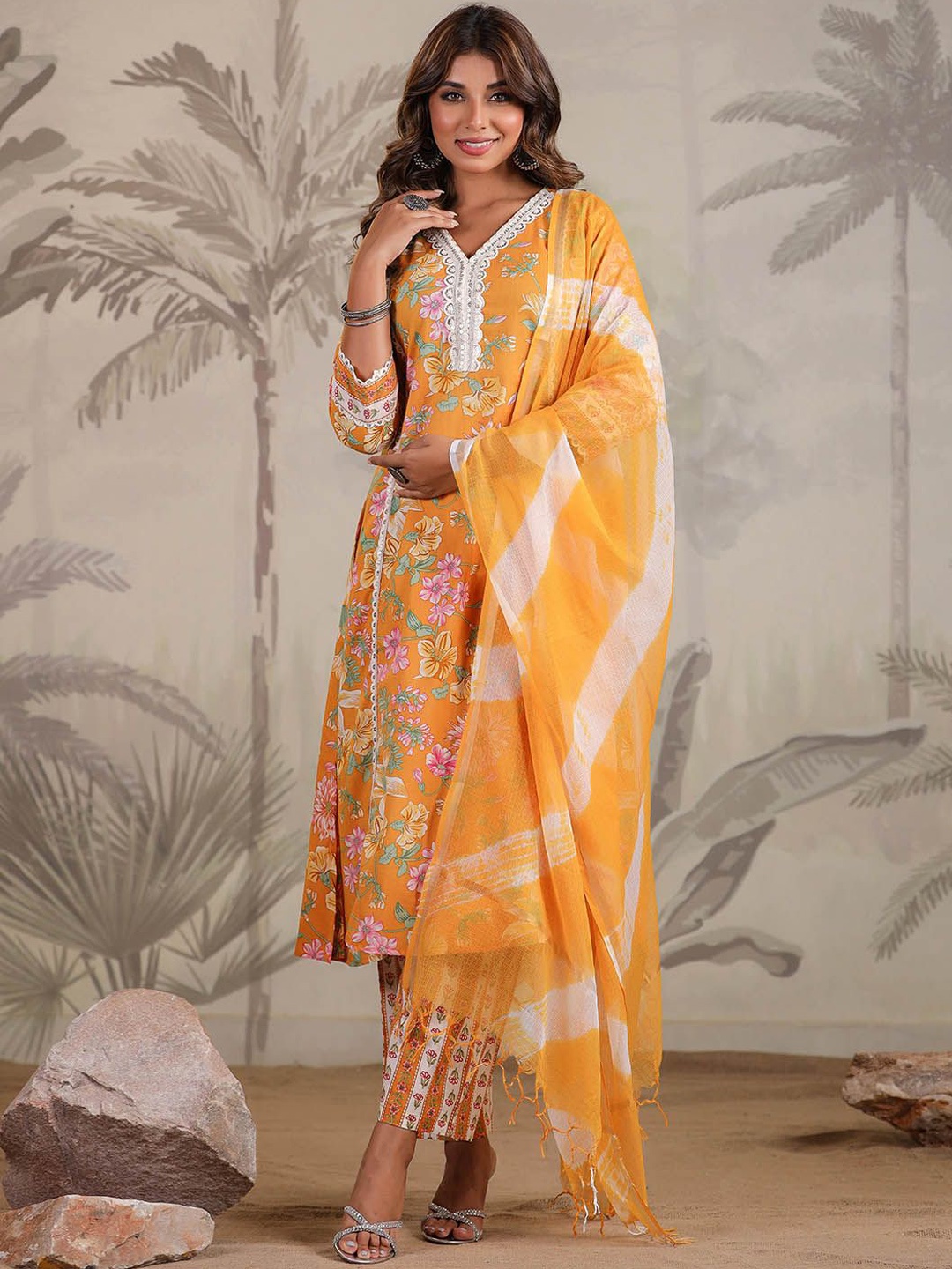 

Meena Bazaar Floral Printed Thread Work Kurta with Trousers & Dupatta, Mustard