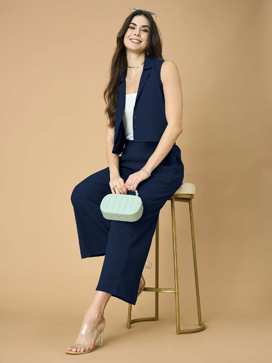 

Murcia Notched Lapel Collar Sleeveless Shirt With Trousers Co-Ords, Blue
