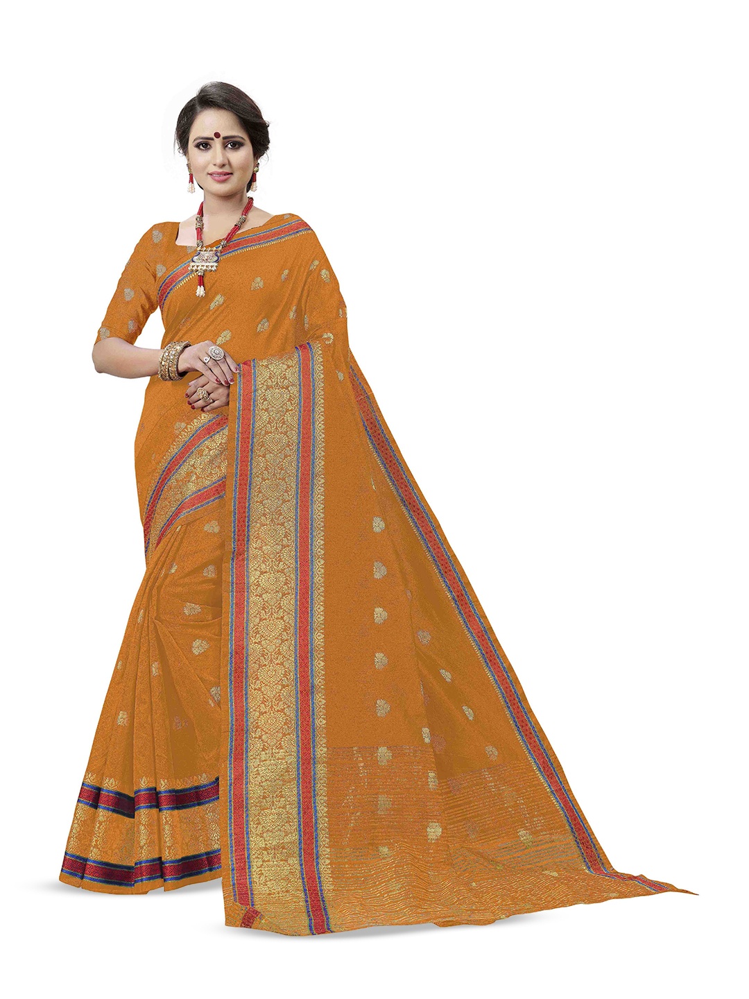 

Maroosh Zari Fusion Cotton Blend Saree with unstitched blouse piece, Mustard