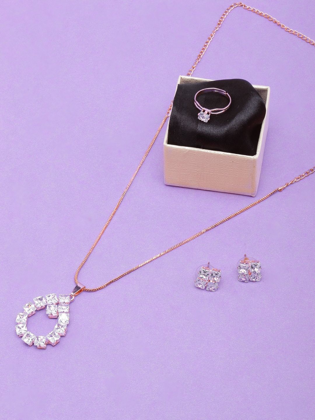 

KPOP Rose Gold-Plated Stone Studded Necklace & Earrings With Finger Ring