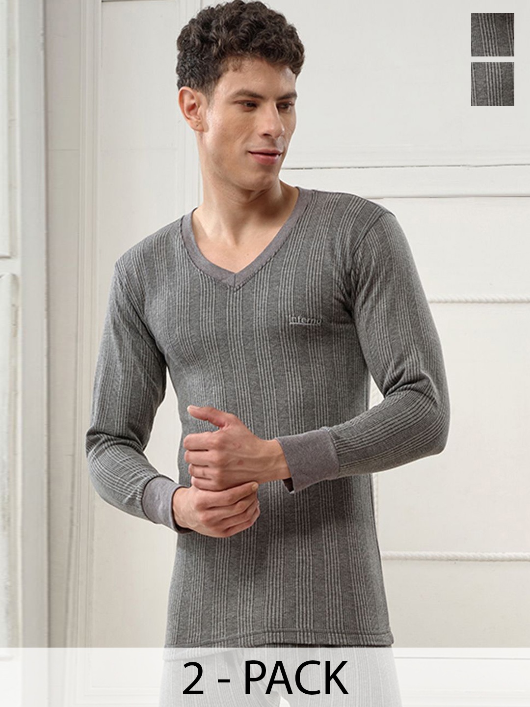 

INFERNO Pack of 2 Men V Neck Fullslevee Thermal Vest, Charcoal