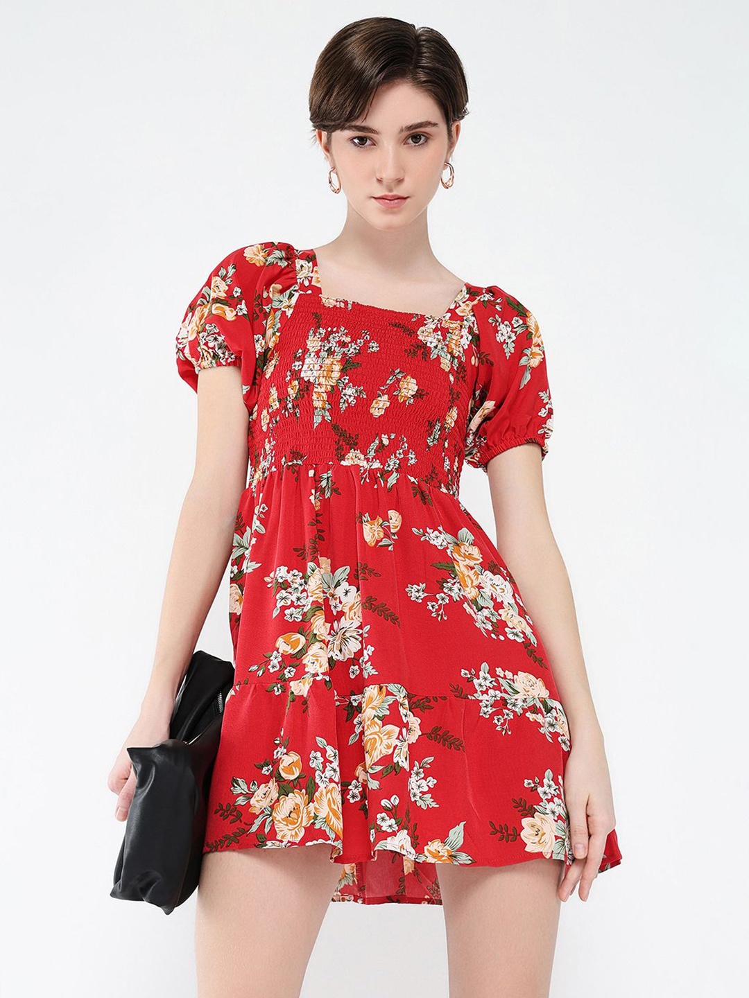 

SHOWOFF Women Floral Print Puff Sleeve Crepe Fit & Flare Mini Dress, Red