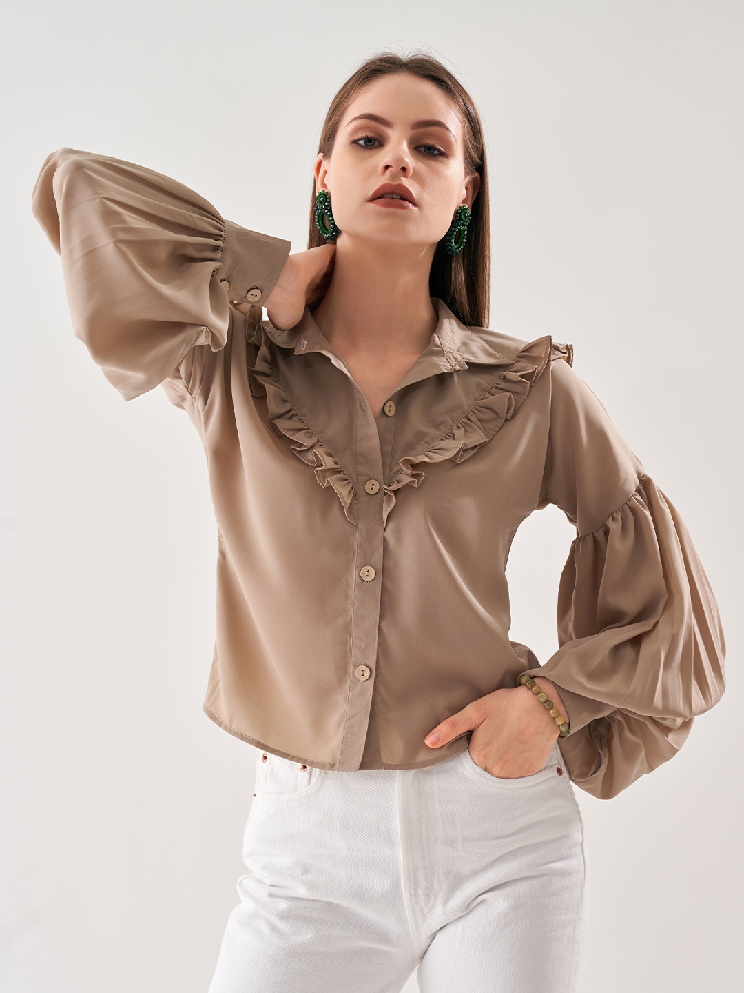 

BOONS n PERKKS Women Solid Shirt Collar Satin Top, Brown