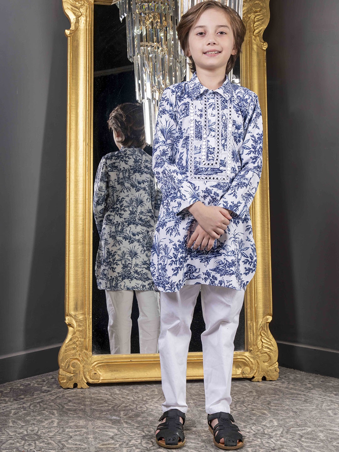 

HOITY MOPPET Boys Ethnic Motifs Printed Shirt Collar Mirror Work Kurta With Trousers, Blue