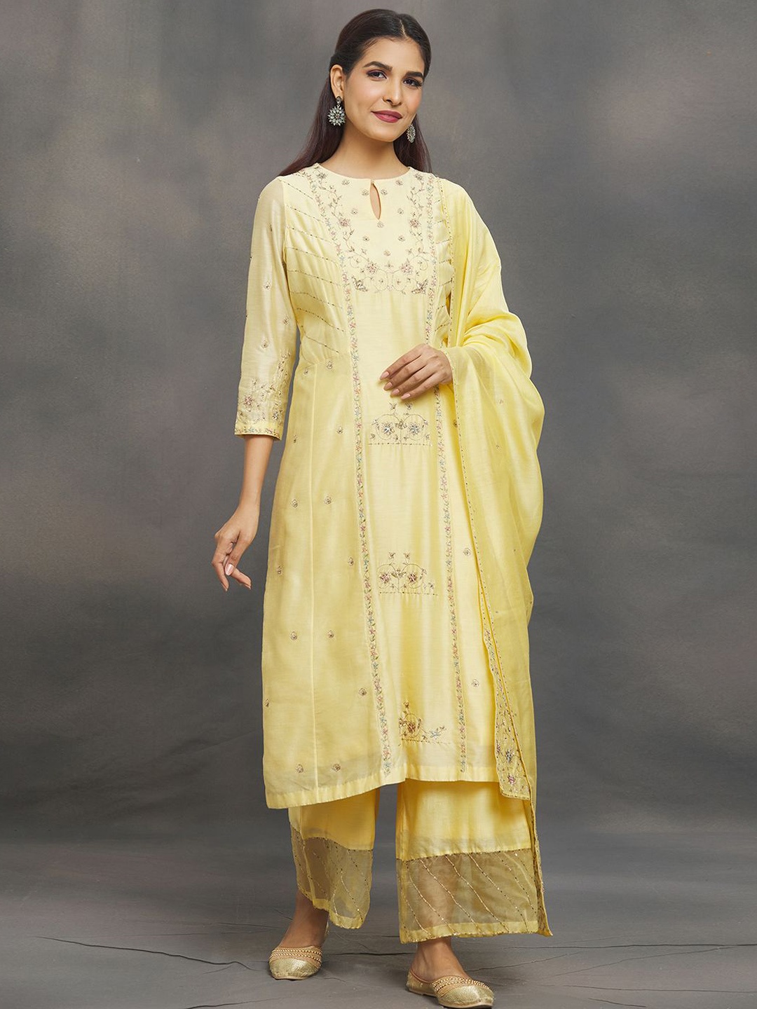 

Samyukta Singhani Embroidered Straight Kurta with Palazzos & Dupatta, Yellow