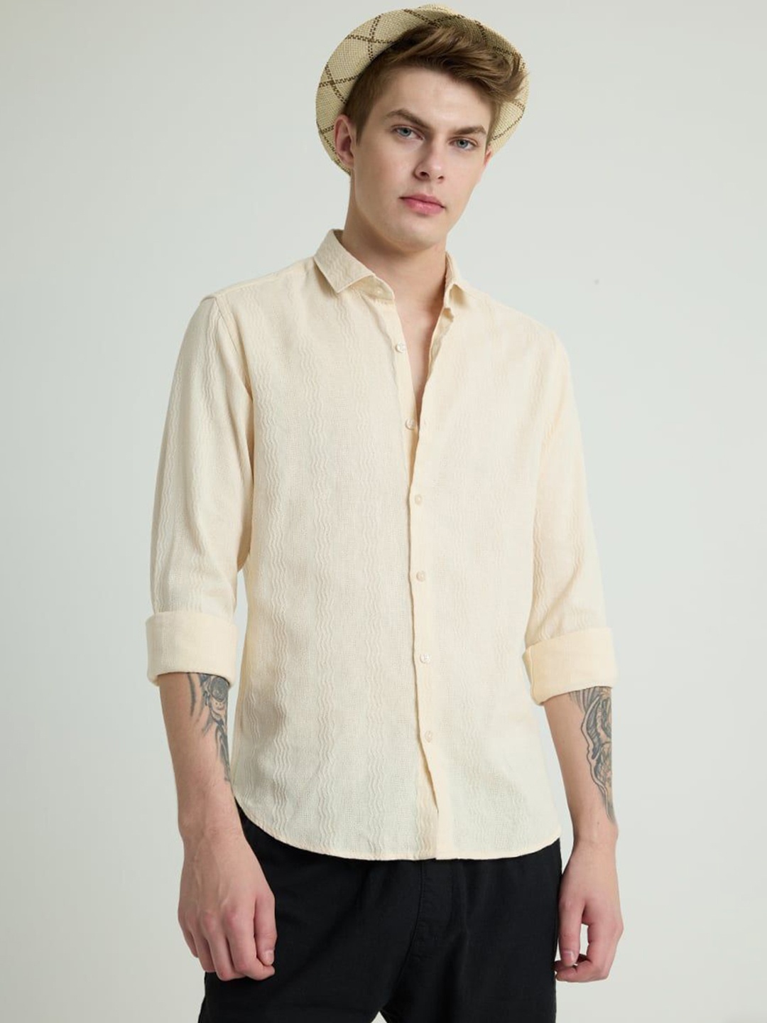 

Snitch Men Smart Spread Collar Textured Cotton Casual Shirt, Yellow