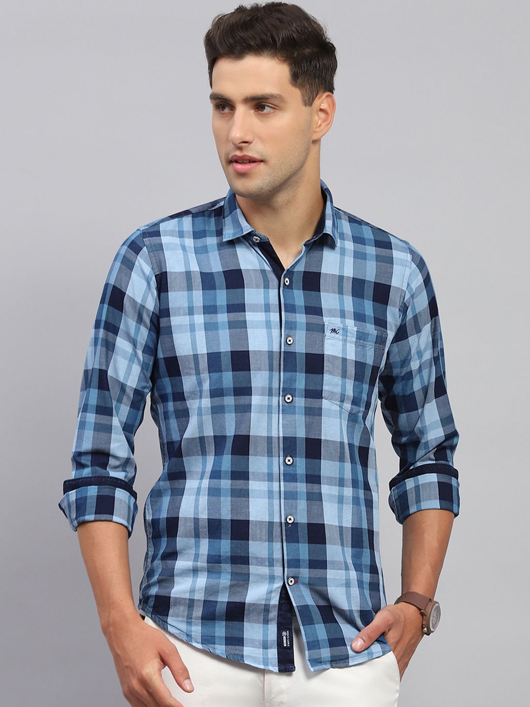 

Monte Carlo Men Spread Collar Tartan Checked Cotton Casual Shirt, Blue