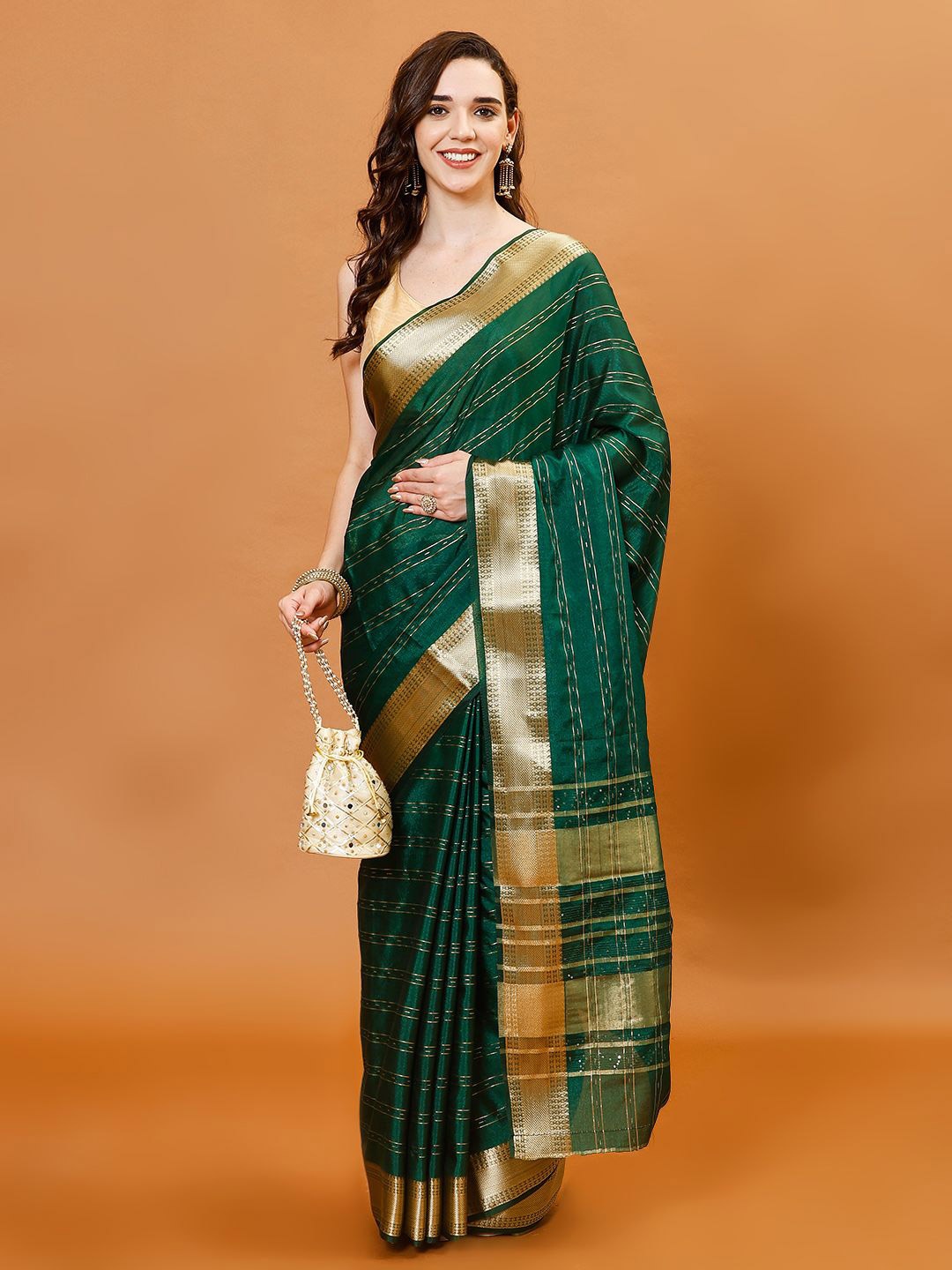 

Meena Bazaar Woven Design Zari Organza Saree, Green