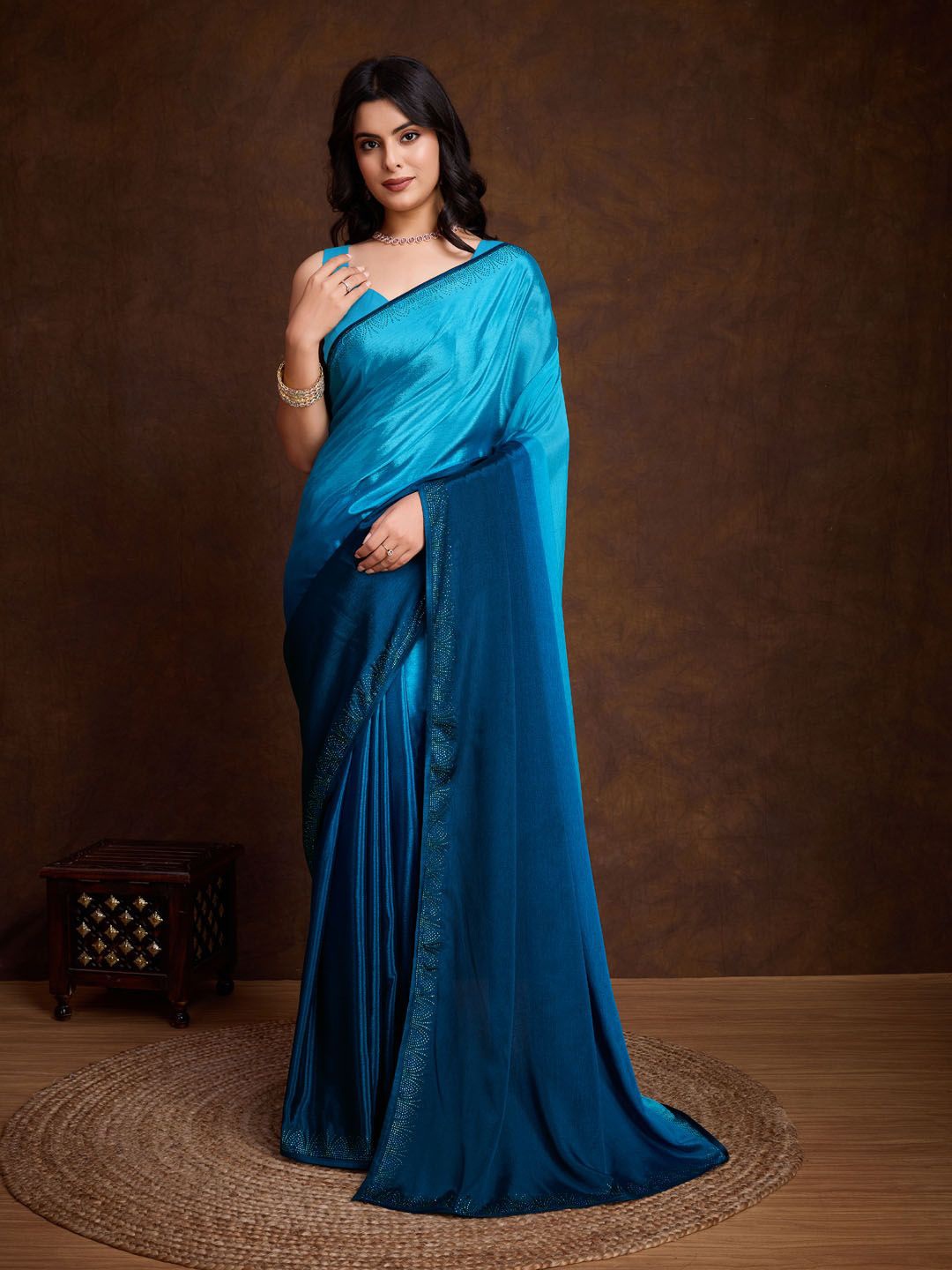 

Meena Bazaar Ombre Beads and Stones Art Silk Saree, Blue