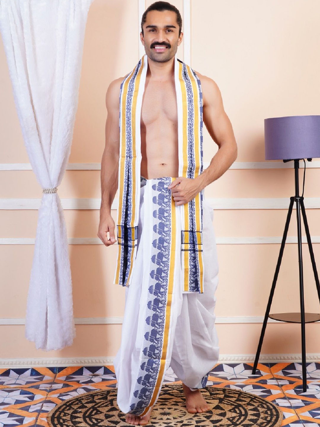 

Ramraj Men Embroidered Cotton Panchakacham Dhoti Pants With Angavastram, White