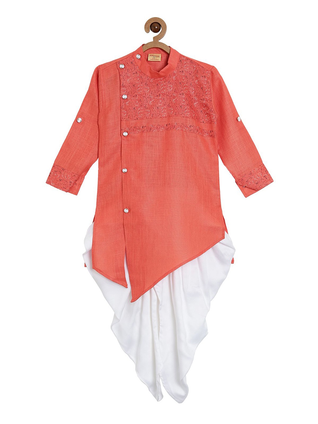 

NIRVAAN Boys Thread Work Pure Cotton Kurta with Dhoti Pant, Peach