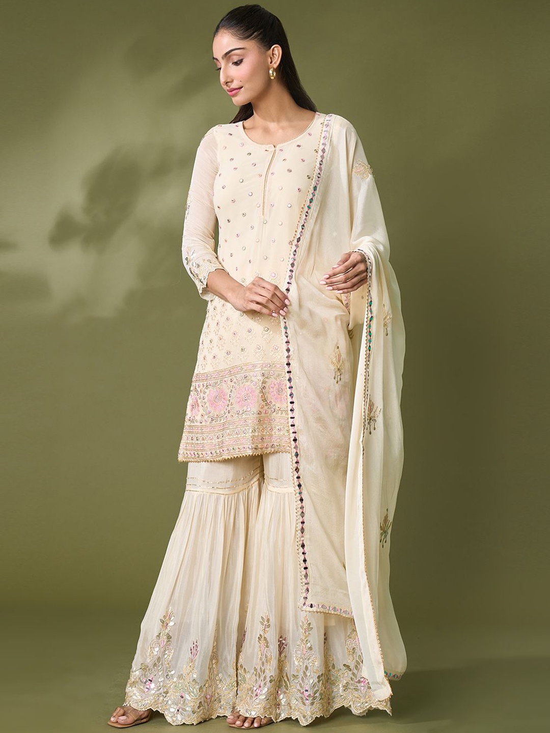 

Samyukta Singhani Floral Embroidered Straight Kurta with Sharara & Dupatta, White