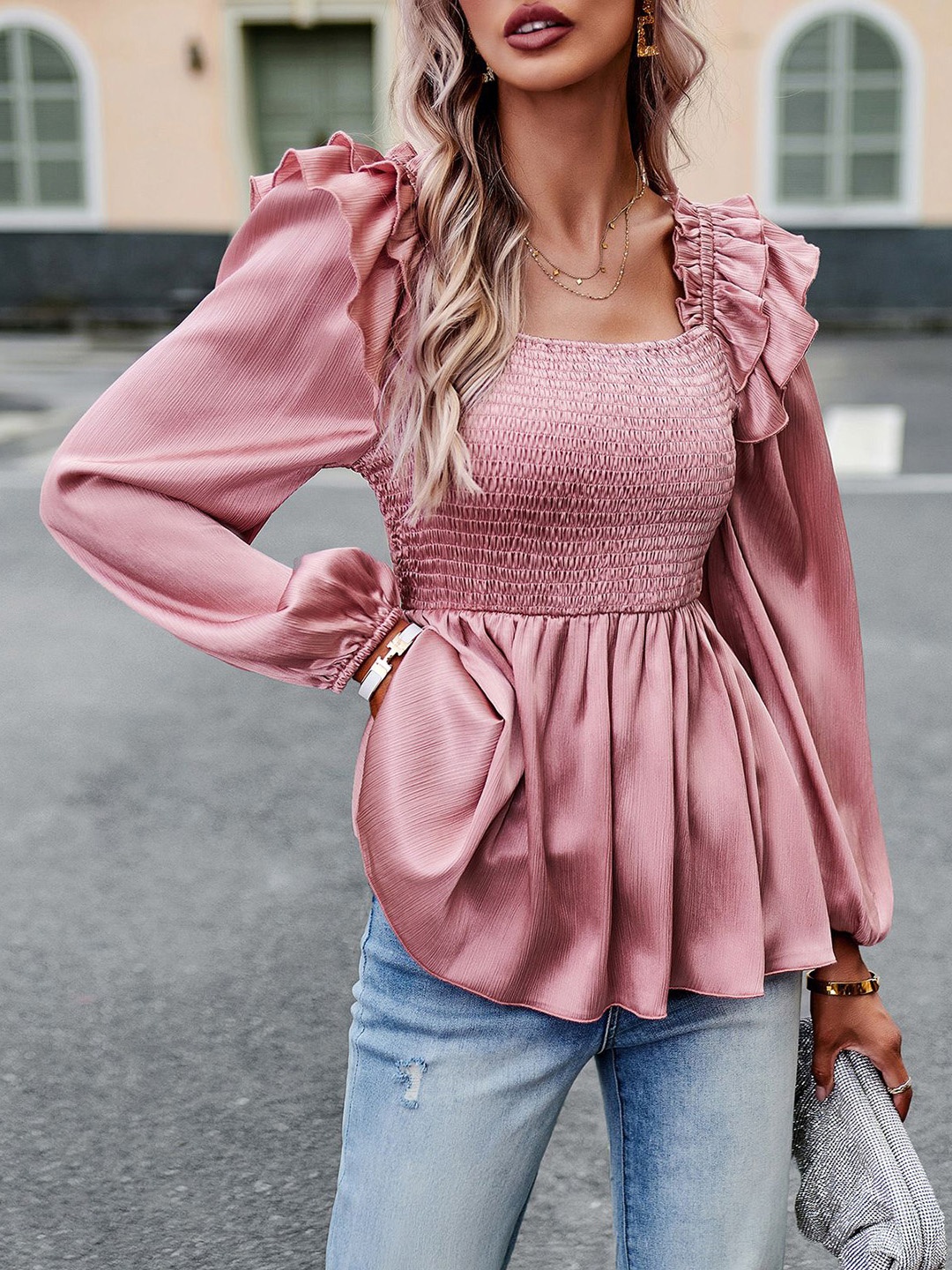 

StyleCast Women Solid Square Neck Satin Top, Pink