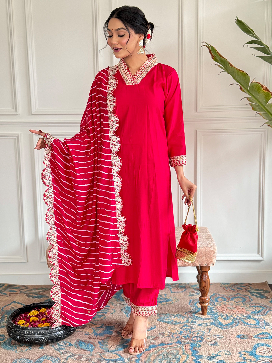 

CaniBani Embroidered Regular Chanderi Silk Straight Kurta with Trousers & Dupatta, Red